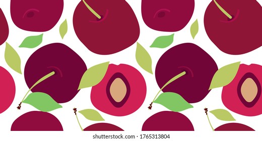 seamless pattern with cartoon sweet cherry, cherrystone, green leaves and twigs on a light background. flat design. fruit theme. halved berry. for packaging, paper, fabric. print for clothes