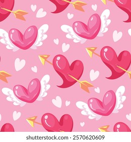 Seamless pattern cartoon of a sweet pink heart with pure white wings and another pink heart with a golden arrow. Pattern design for children fabric, wrapping paper, wallpaper and fashion prints.