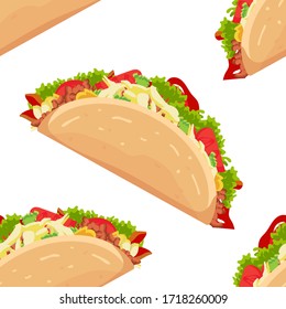 Seamless pattern of cartoon tacos with meat and vegetable in flat style. Traditional mexican fast-food with tortilla, leaves lettuce, cheese, tomato, forcemeat, sauce isolated on white background. 