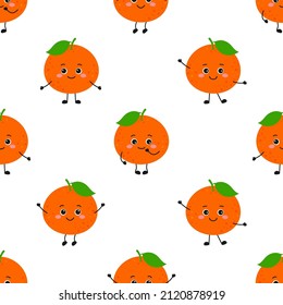 seamless pattern with cartoon tangerine characters in flat style, fruit with funny eyes and legs on white background, vector illustration
