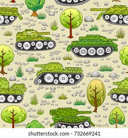 Seamless pattern with cartoon tanks in summer forest.