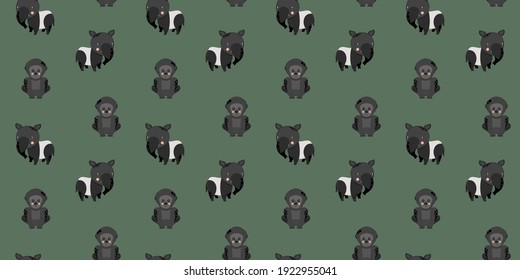 Seamless pattern of cartoon tapirs and western gorillas on a green background. Vector.