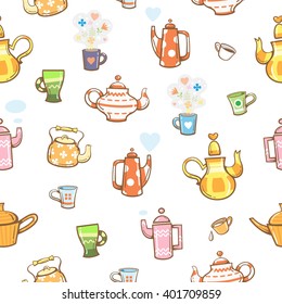 Seamless pattern with cartoon teapot and cups on  white background. Various dishes and healthy herbal drink. Vector image.