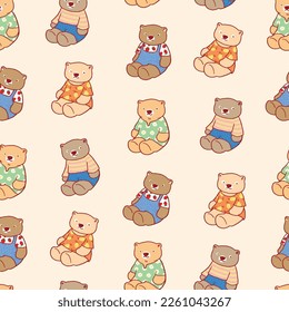Seamless Pattern with Cartoon Teddy Bear Design on Light Yellow Background
