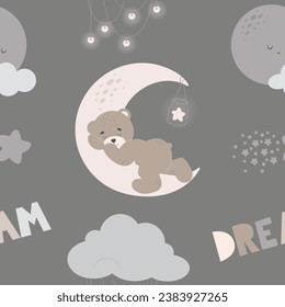 Nahtloses Muster mit Cartoon Teddy Bären schlafend, Mond, Inschriftentraum, Wolken und Sternen. Kann für Poster, Stoff, Textilien, Drucke, Babyduschkarte oder Tapete verwendet werden. Vektorgrafik.