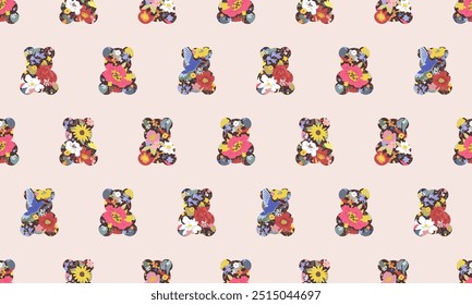 Seamless pattern with cartoon teddy bear and flowers on pink background. Fabric, wallpaper, wrapping paper design template. Floral decoration. Simple minimal vector illustration