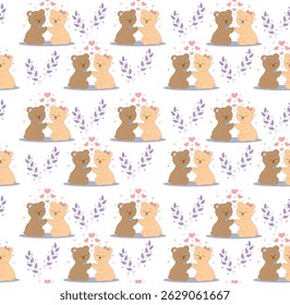 Seamless Pattern with Cartoon Teddy Bear Couples