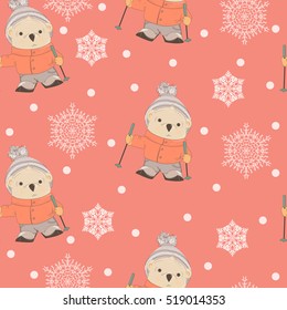 Seamless pattern. Cartoon Teddy Bear wearing a hat, jacket and jeans skiing vector illustration. Colorful seamless background with bear.