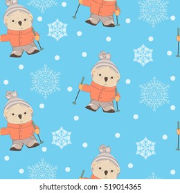 Seamless pattern. Cartoon Teddy Bear wearing a hat, jacket and jeans skiing vector illustration. Colorful seamless background with bear.