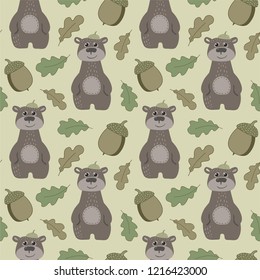 Seamless pattern with cartoon teddy bears, acorns and autumn leaves. Kids wallpaper.