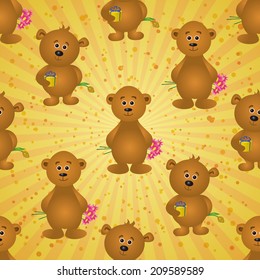Seamless pattern, cartoon teddy bears with holiday gift boxes and flowers on abstract background. Eps10, contains transparencies. Vector