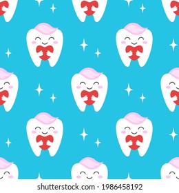 seamless pattern with cartoon teeth and hearts on blue background, vector illustration, print for valentines day