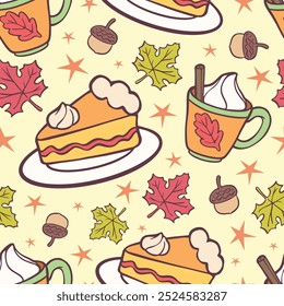 Seamless pattern cartoon of Thanksgiving Day theme, Pumpkin pie, spice pumpkin latte, oak and maple leaves. Pattern design for fabric, wrapping paper, wallpaper and fashion prints.