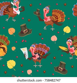 Seamless pattern cartoon thanksgiving turkey character in hat with harvest, leaves, acorns, corn, autumn holiday bird vector illustration background for fabric textile or wrapping