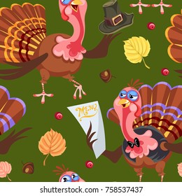 Seamless pattern cartoon thanksgiving turkey character in hat with harvest, leaves, acorns, corn, autumn holiday bird vector illustration background for fabric textile or wrapping