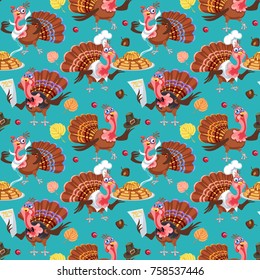 Seamless pattern cartoon thanksgiving turkey character in hat with harvest, leaves, acorns, corn, autumn holiday bird vector illustration background for fabric textile or wrapping