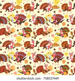 Seamless pattern cartoon thanksgiving turkey character in hat with harvest, leaves, acorns, corn, autumn holiday bird vector illustration background for fabric textile or wrapping