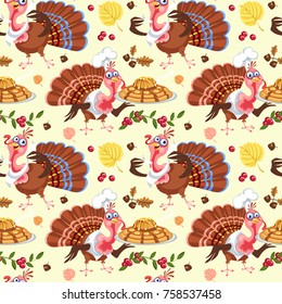Seamless pattern cartoon thanksgiving turkey character in hat with harvest, leaves, acorns, corn, autumn holiday bird vector illustration background for fabric textile or wrapping