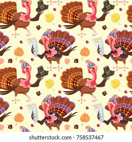 Seamless pattern cartoon thanksgiving turkey character in hat with harvest, leaves, acorns, corn, autumn holiday bird vector illustration background for fabric textile or wrapping