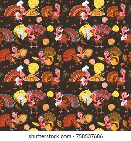 Seamless pattern cartoon thanksgiving turkey character in hat with harvest, leaves, acorns, corn, autumn holiday bird vector illustration background for fabric textile or wrapping