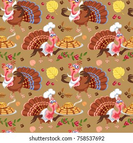 Seamless pattern cartoon thanksgiving turkey character in hat with harvest, leaves, acorns, corn, autumn holiday bird vector illustration background for fabric textile or wrapping