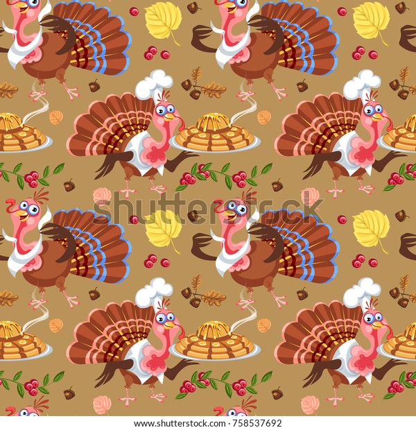 Seamless Pattern Cartoon Thanksgiving Turkey Character Stock Vector ...