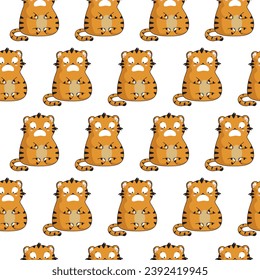 Seamless pattern with сute cartoon tiger cub. Vector illustration in a flat style. 2022 Lunar New Year.