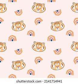 Seamless Pattern With Cartoon Tiger Face Design On Light Pink Background