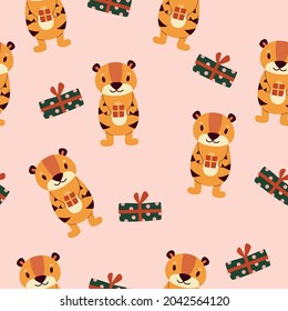 Seamless pattern with a cartoon tiger holding a gift in his paws. Vector flat illustration. Background, wallpaper, textile print, clothing