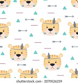 patrón transparente con tigre de dibujos animados, impresión tribal de un animal lindo con plumas en la cabeza, ilustración vectorial, fondo boho