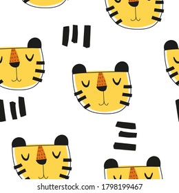 seamless pattern with cartoon tigers, decor elements. Colorful vector flat style for kids. Animals. hand drawing. baby design for fabric, print, wrapper, textile