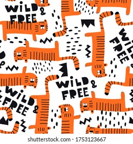 seamless pattern with cartoon tigers, hand drawing lettering, decor elements. Colorful vector flat style for kids. Animals. hand drawing. baby design for fabric, print, wrapper, textile