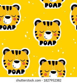 seamless pattern with cartoon tigers, hand drawing lettering, decor elements on a neutral background. Colorful vector flat style for kids. Animals. hand drawing. baby design for fabric, print, wrapper