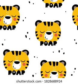 seamless pattern with cartoon tigers, hand drawing lettering, decor elements. Colorful vector flat style for kids. Animals. hand drawing. baby design for fabric, print, wrapper