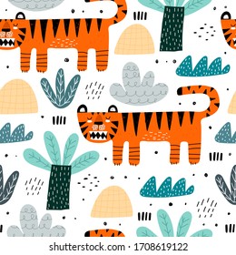 seamless pattern with cartoon tigers, palm trees, decor elements. Colorful vector flat style for kids. Animals. hand drawing. baby design for fabric, print, wrapper, textile