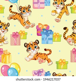 Seamless pattern with cartoon tigers and presents on yellow background. Vector illustration for party, print, baby shower, wallpaper, design, decor, linen, dishes, and kids apparel, packaging paper