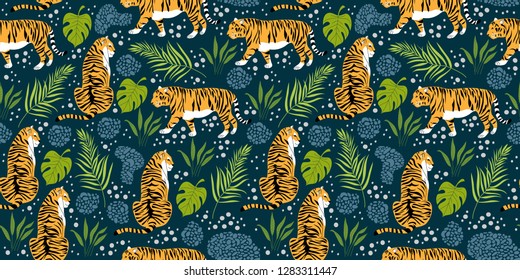 Seamless pattern with cartoon tigers and tropical leaves. Trendy style. Vector illustration