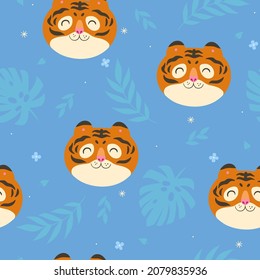 Seamless pattern with cartoon tigers and tropical leaves. Vector graphics.
