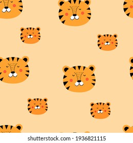 Seamless pattern with cartoon tigers. vector flat style. hand drawing. design for fabric, textile, print, wrapper