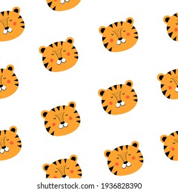 Seamless pattern with cartoon tigers. vector flat style. hand drawing. design for fabric, textile, print, wrapper