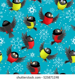 Seamless pattern with cartoon titmouses and bullfinches on a blue background with snowflakes