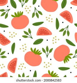 Seamless pattern with cartoon tomato, leaves. colorful vector. hand drawing, flat style. design for fabric, print, textile, wrapper