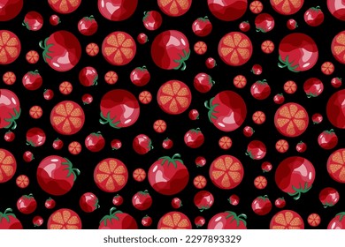 Patrón sin foco con tomates de dibujos animados sobre fondo negro. Ornamento interminable de Tomate Slice. Ilustración vectorial. Verano de fondo de Verduras. Papel de escritorio y papel de cama impreso. Diseño de delantal de cocina.