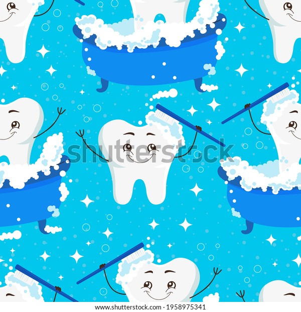 Seamless pattern with cartoon tooth character and brushing. Vector background for pediatric dentistry
