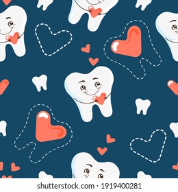 Seamless pattern with cartoon tooth and heart character. Vector background for pediatric dentistry