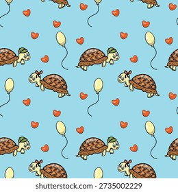 Seamless pattern with cartoon tortoises, balloons and hearts on a blue background