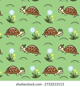 Nahtloses Muster mit Cartoon-Schildkröten, die auf einer Wiese inmitten von Gras und stilisierten Löwenzahn-Blumen kriechen