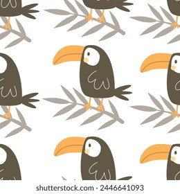 Seamless pattern with cartoon toucans, decor elements. colorful vector for kids. hand drawing, flat style. baby design for fabric, print, textile, wrapper

