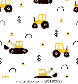 seamless pattern with cartoon tractor,  bulldozer, decor elements. Colorful vector flat style for kids. hand drawing. baby design for fabric, print, wrapper, textile