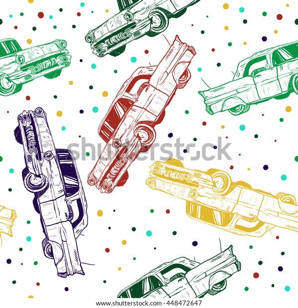 seamless pattern cartoon\
traditional old Cuban cars. Vector background. Design elements for\
poster. 